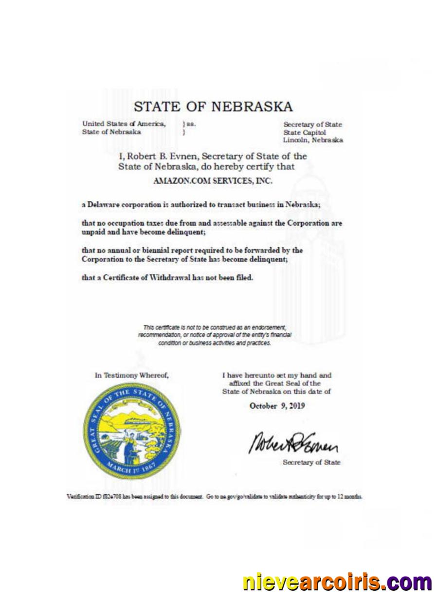 USA Nebraska certificate of good standing
